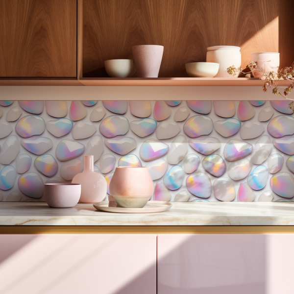 Shiny Opals tile backsplash installed on the wall of a kitchen with wooden cabinets and stone countertop.
