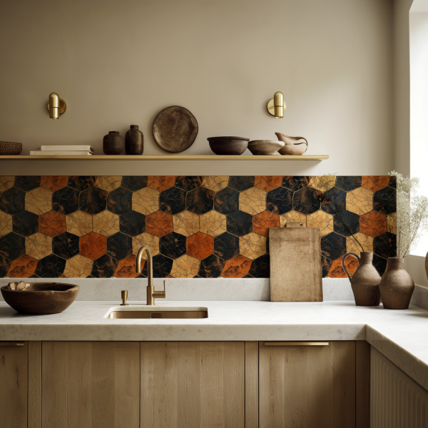 Tortoise Shell Hexagon tile backsplash installed on the wall of a kitchen with wooden cabinets and white stone countertop.