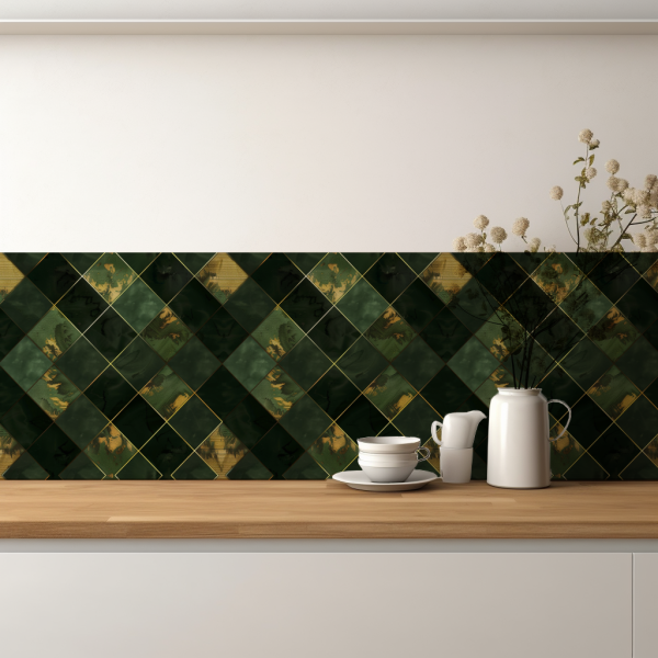 Triadic Green tile backsplash installed on the wall of a kitchen with grey cabinets and wooden countertop.