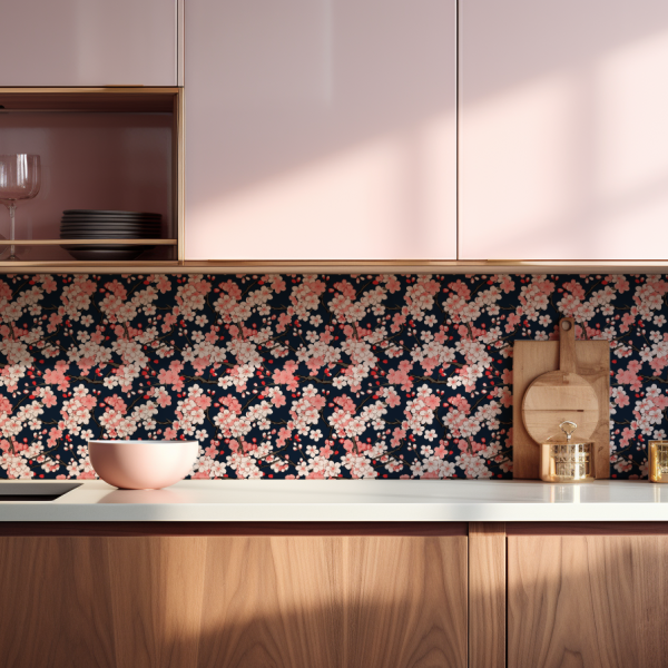 Ukiyo-e Sakura Cherry Blossoms tile backsplash installed on the wall of a kitchen with wooden cabinets and white stone countertop with a wash basin.